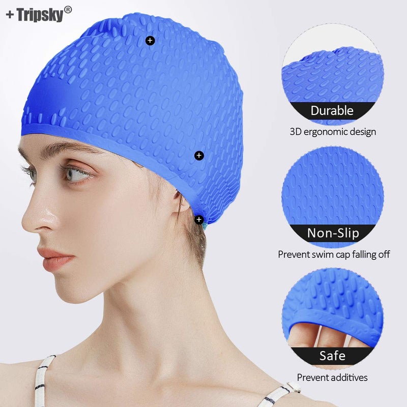 Tripsky Silicone Swim Cap,Comfortable Bathing Cap Ideal for Curly Short Medium Long Hair, Swimming Cap for Women and Men, Shower Caps Keep Hairstyle Unchanged (Dark Blue) - Image 2